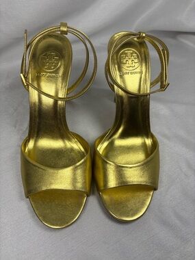 Tory Burch Gold Metallic Ankle-Strap Open-Toe Heels Size 10